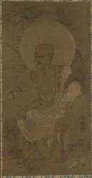 Arhat (Dakora Sonja - Nakula) seated; a man standing at his left, Nanbokucho period